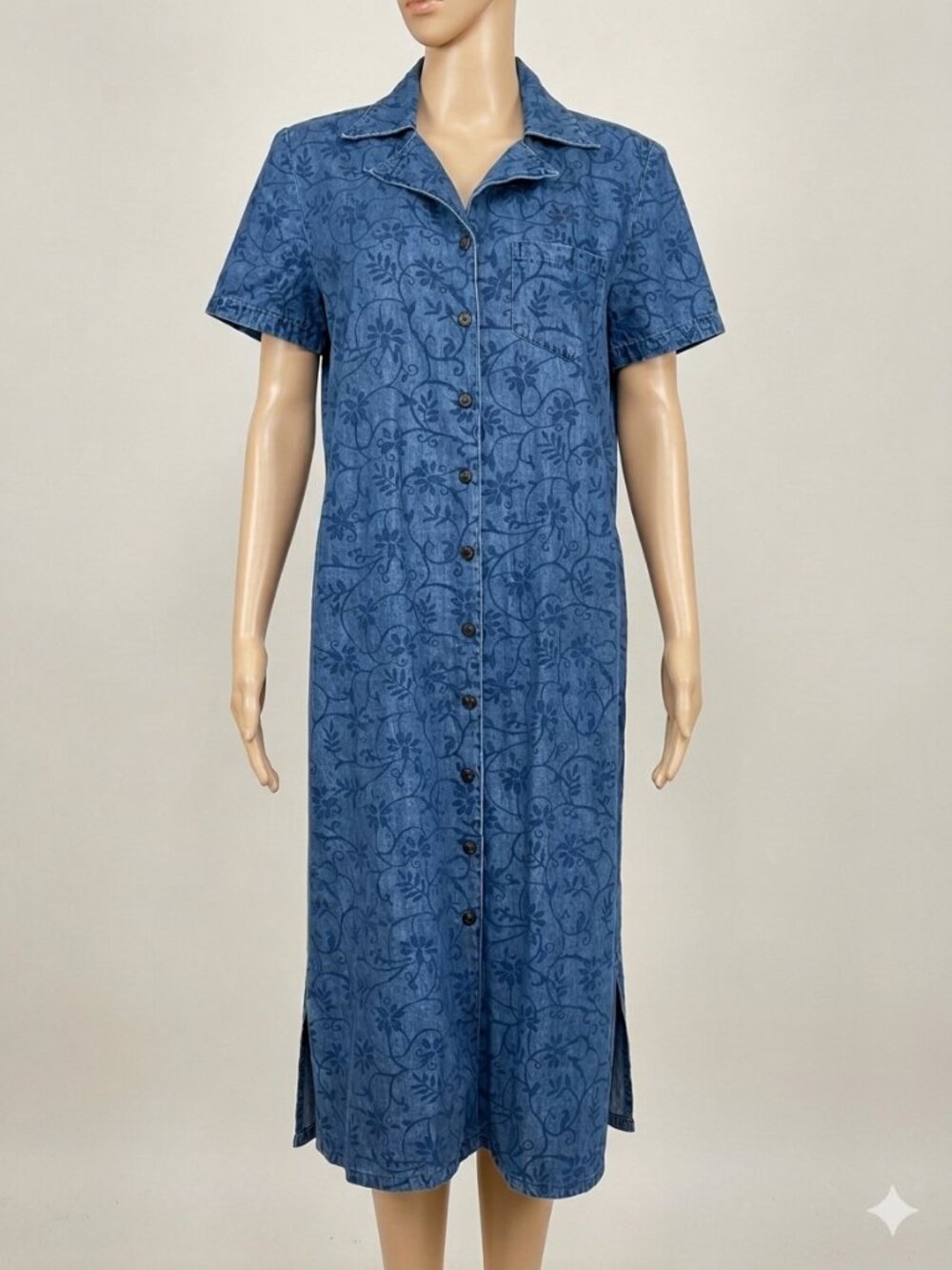Vintage 90s Karin Stevens Floral Print Denim Button Front Midi Dress Size 10